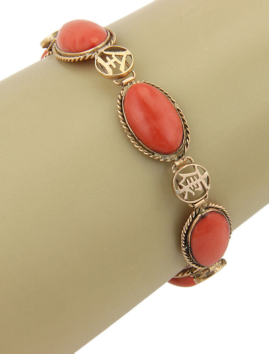 Oval Coral Gem 14k Yellow Gold Link Bracelet