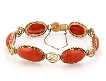 Oval Coral Gem 14k Yellow Gold Link Bracelet