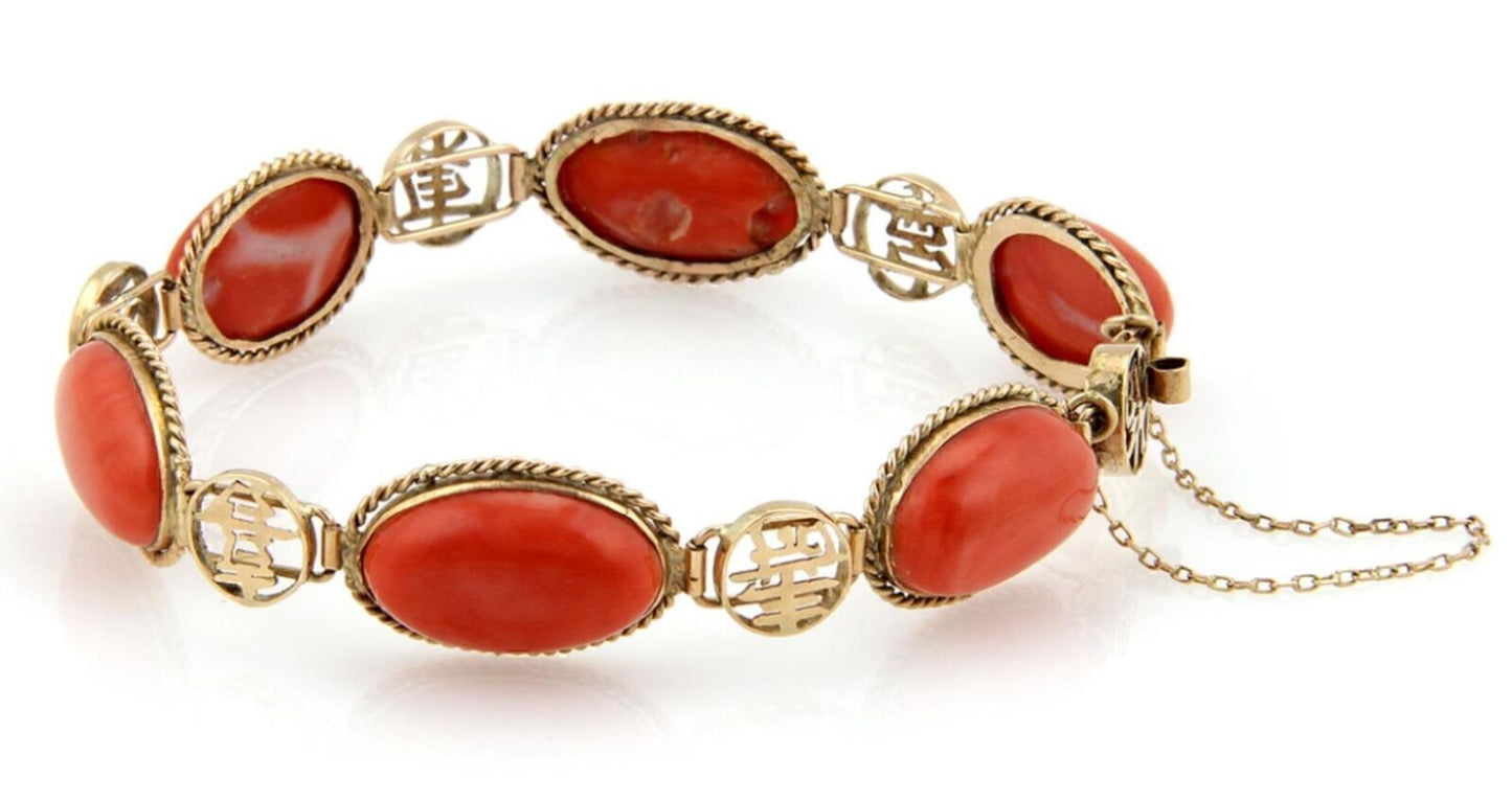 Oval Coral Gem 14k Yellow Gold Link Bracelet