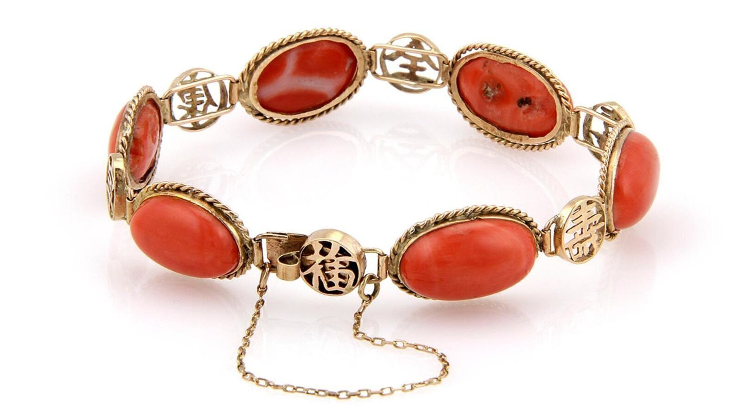 Oval Coral Gem 14k Yellow Gold Link Bracelet