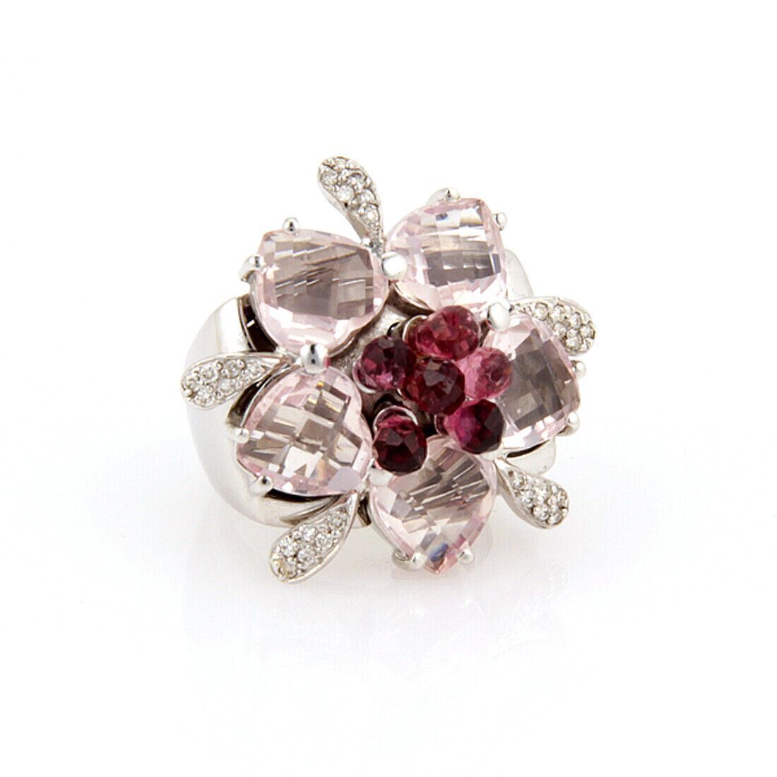 Diamond Pink Tourmaline & Rose quartz 18k White Gold Floral Ring - Size 5