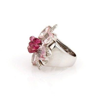 Diamond Pink Tourmaline & Rose quartz 18k White Gold Floral Ring - Size 5