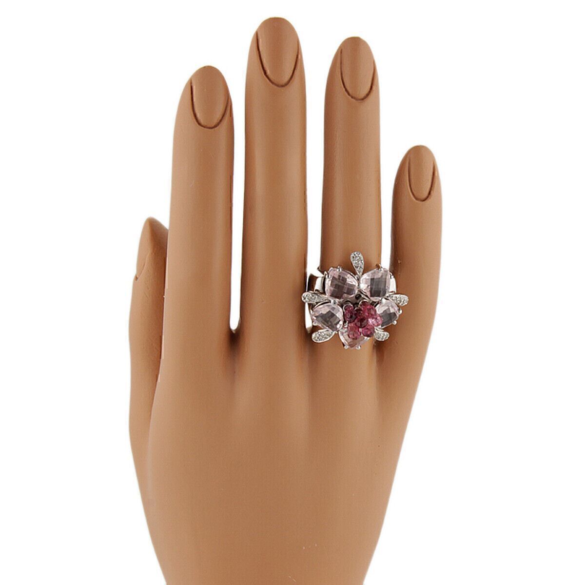 Diamond Pink Tourmaline & Rose quartz 18k White Gold Floral Ring - Size 5