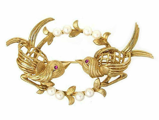 Pearl & Ruby Two Bird 14k Yellow Gold Pin Brooch