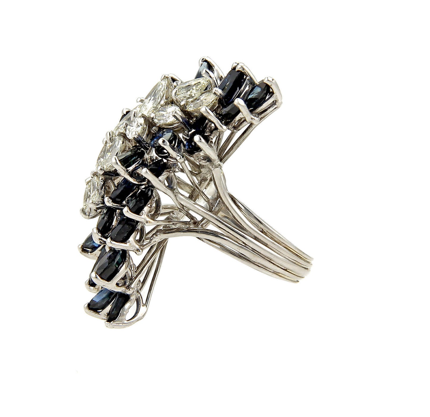 Marquise Diamond & Sapphire 18k White Gold Long Finger Cluster Ring