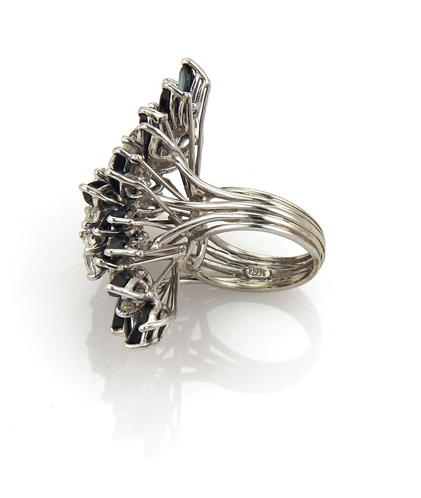 Marquise Diamond & Sapphire 18k White Gold Long Finger Cluster Ring