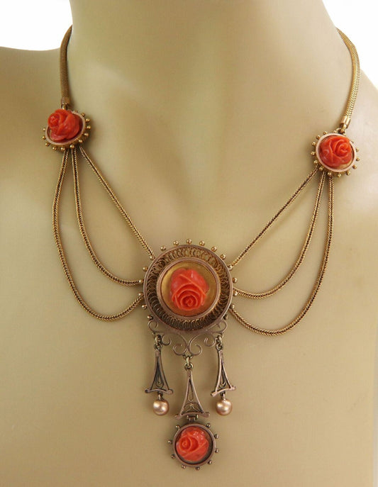 Carved Rose Coral 14k Yellow Gold l Bib Necklace