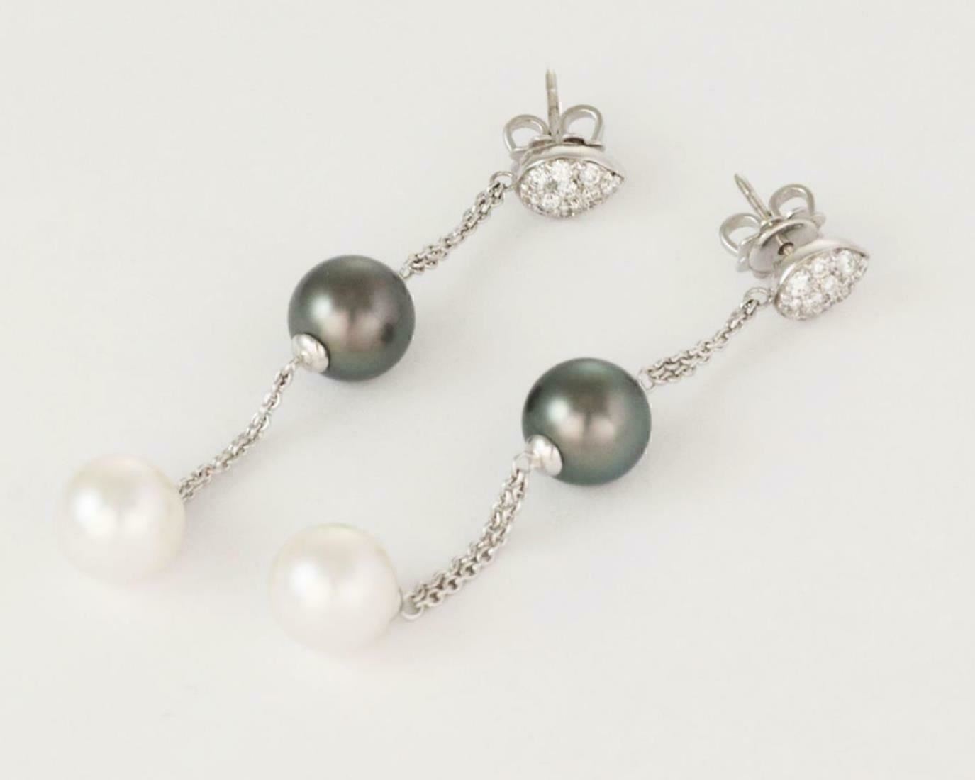 Diamond Gray Tahitian & White Pearls 18k White Gold Double Chain Dangle Earrings