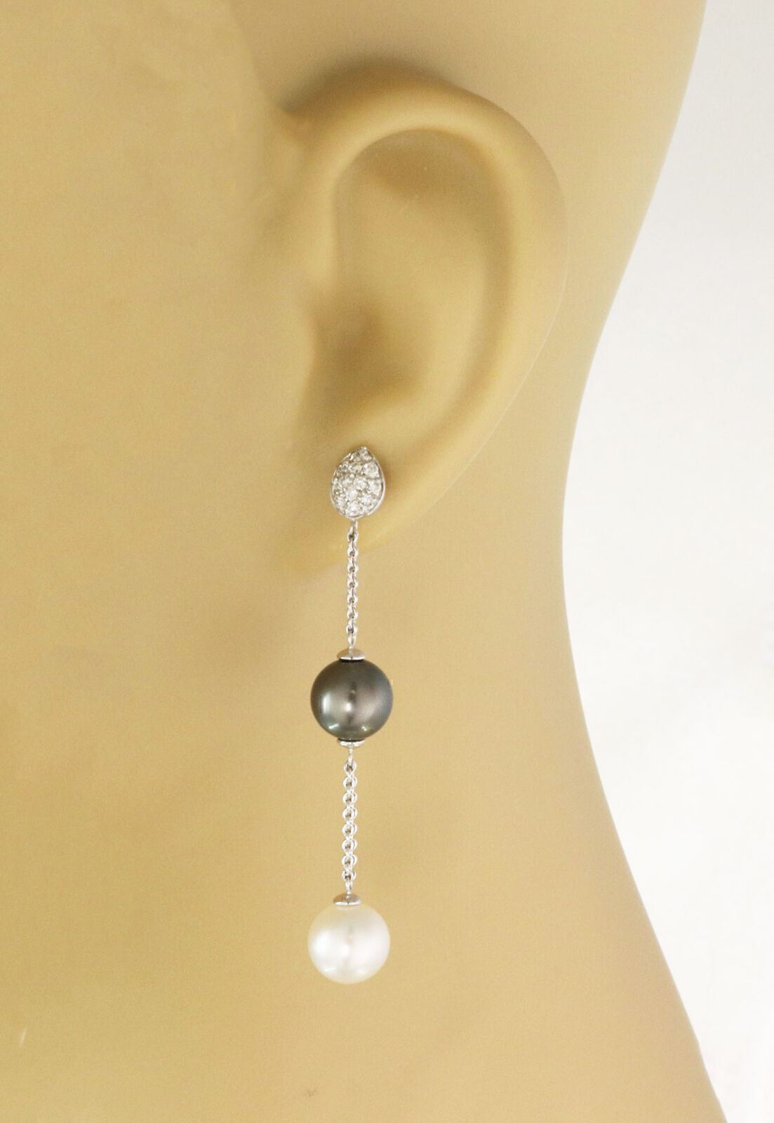 Diamond Gray Tahitian & White Pearls 18k White Gold Double Chain Dangle Earrings