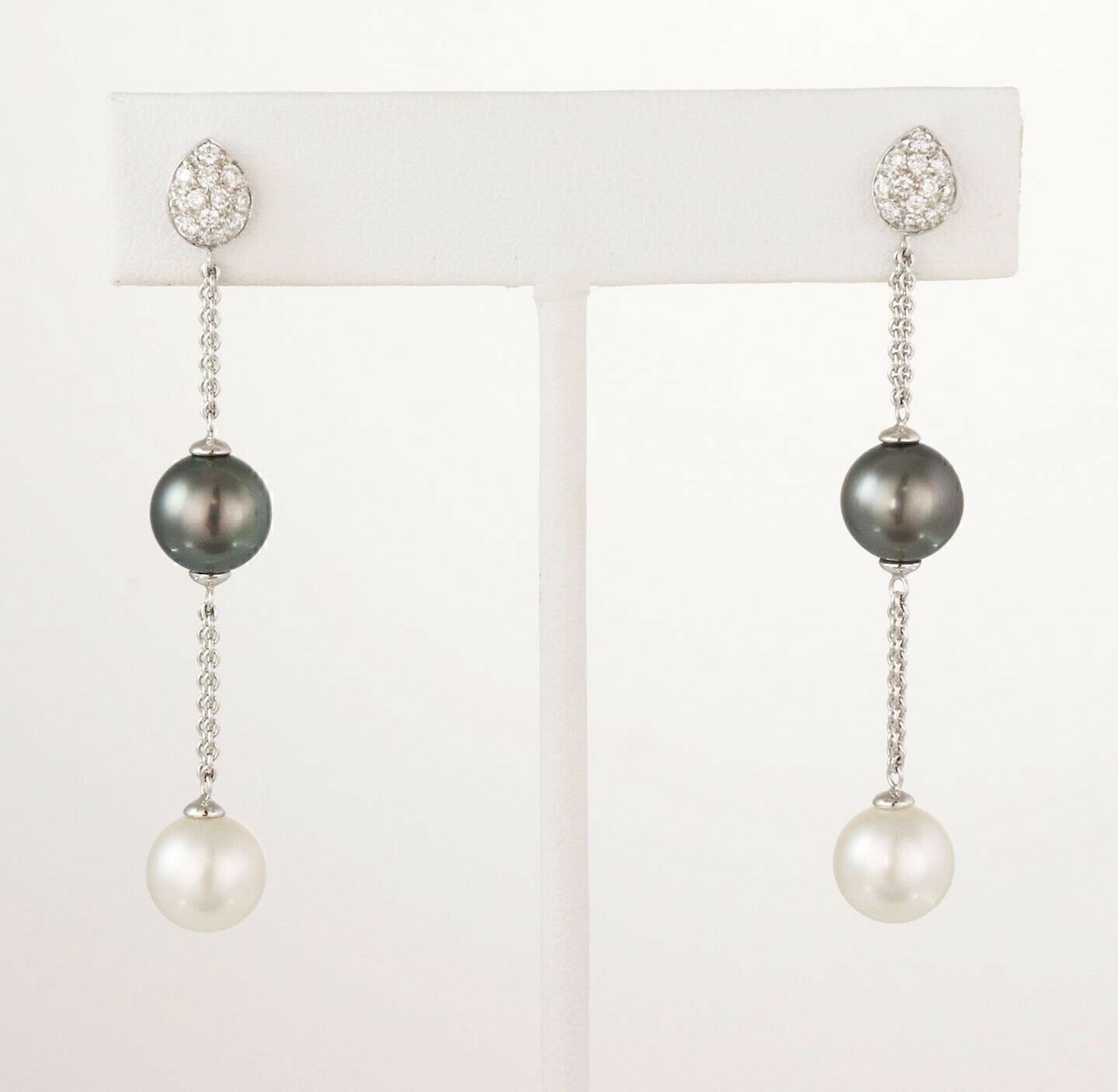 Diamond Gray Tahitian & White Pearls 18k White Gold Double Chain Dangle Earrings