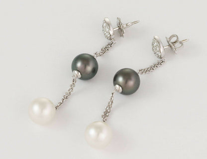 Diamond Gray Tahitian & White Pearls 18k White Gold Double Chain Dangle Earrings