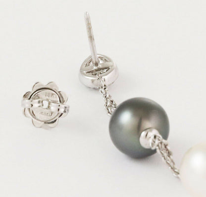 Diamond Gray Tahitian & White Pearls 18k White Gold Double Chain Dangle Earrings