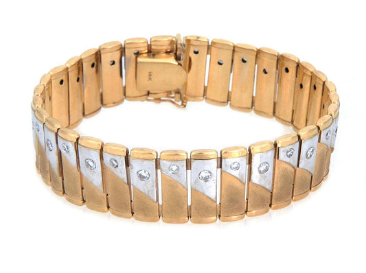Diamond 14k Two Tone Gold Wide Bar Link Bracelet