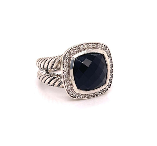 David Yurman Albion Diamond Onyx Sterling Silver Halo Cable Ring - Size 5.5