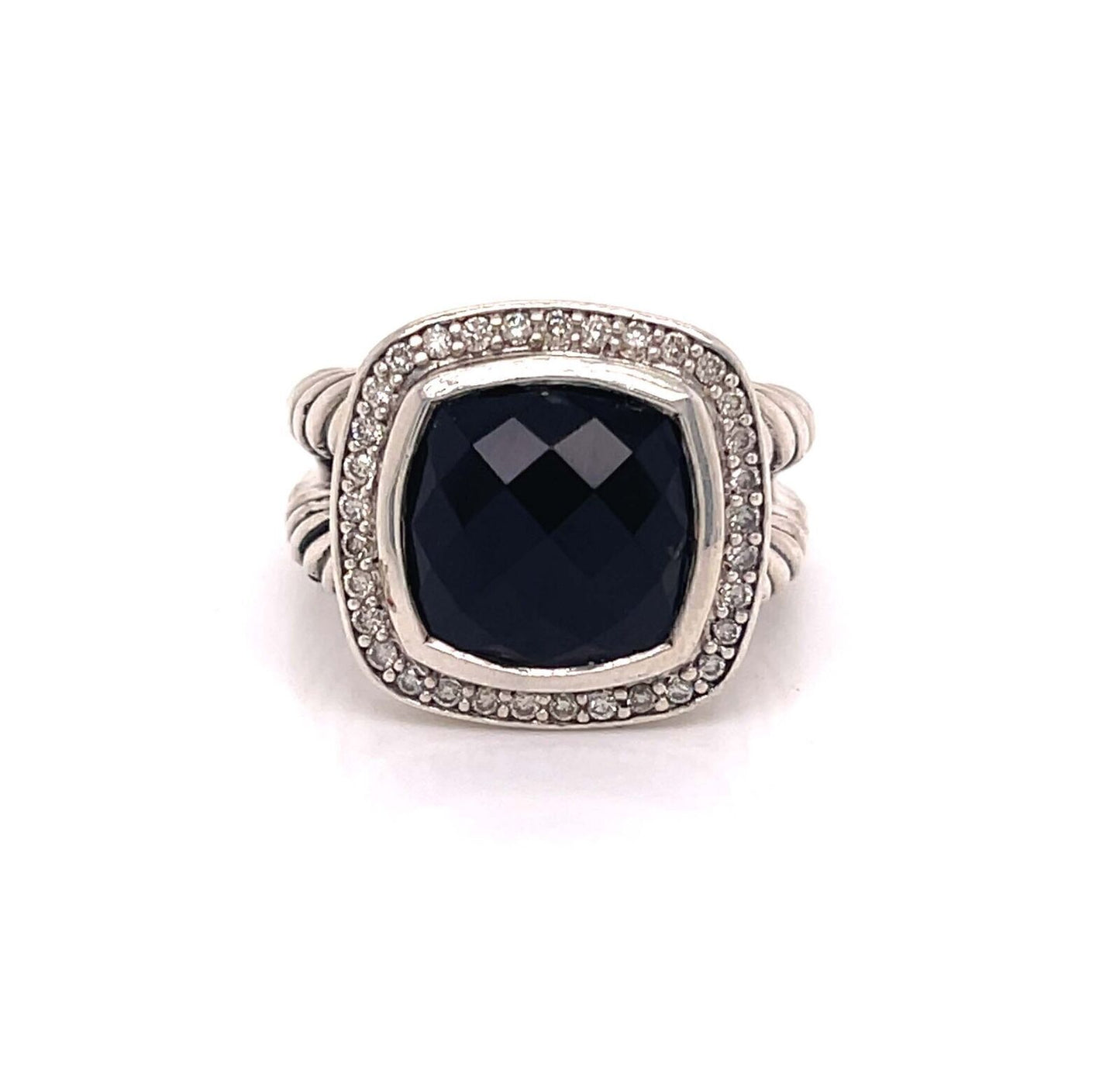 David Yurman Albion Diamond Onyx Sterling Silver Halo Cable Ring - Size 5.5