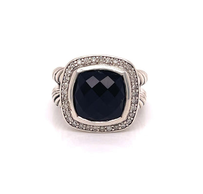 David Yurman Albion Diamond Onyx Sterling Silver Halo Cable Ring - Size 5.5