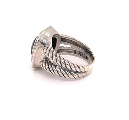 David Yurman Albion Diamond Onyx Sterling Silver Halo Cable Ring - Size 5.5