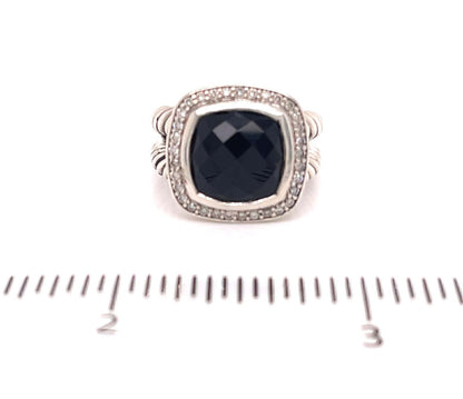 David Yurman Albion Diamond Onyx Sterling Silver Halo Cable Ring - Size 5.5