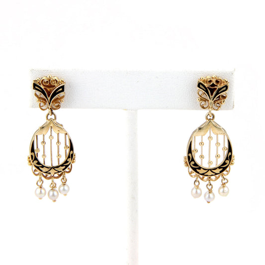 Pearls & Enamel Dangle 14k Yellow Gold Earrings