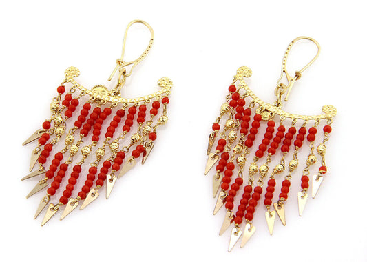 Multi Coral Bead Strand 18k Yellow Gold Chandelier Earrings