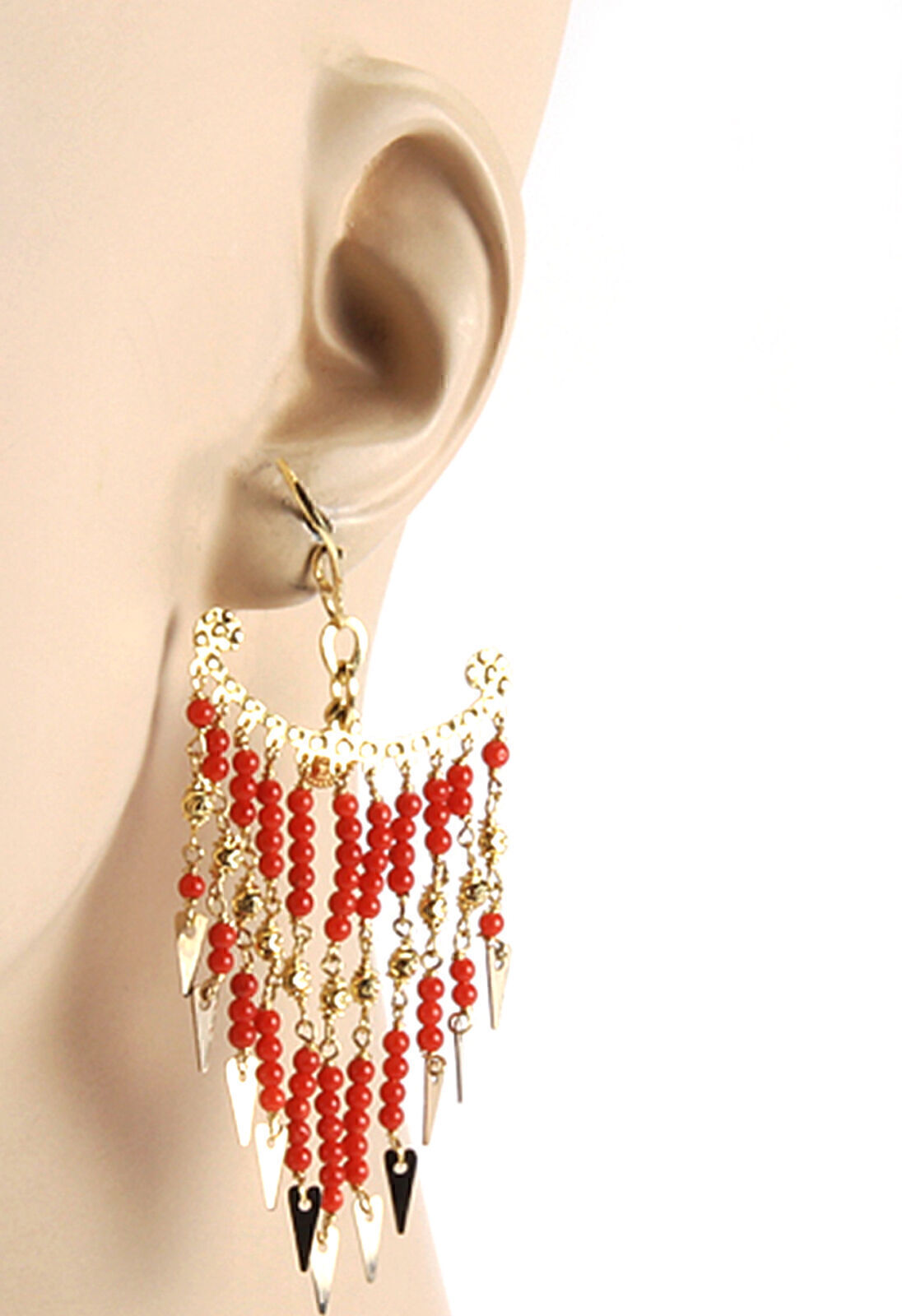 Multi Coral Bead Strand 18k Yellow Gold Chandelier Earrings