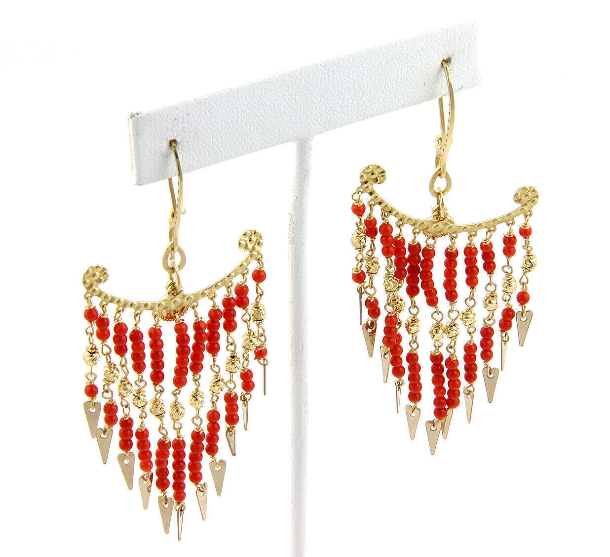 Multi Coral Bead Strand 18k Yellow Gold Chandelier Earrings