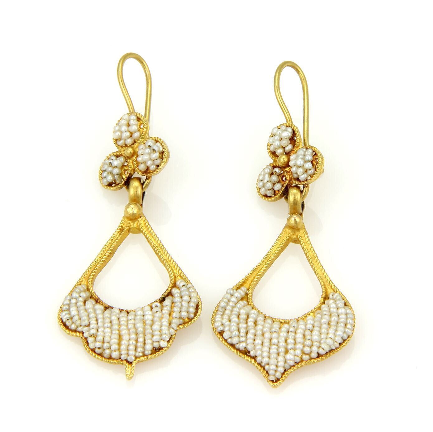 Seed Pearl 22k Yellow Gold Dangle Drop Earrings