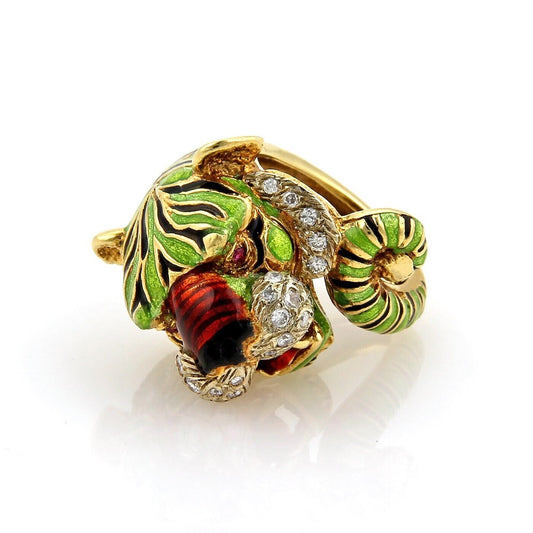 Modele Depose Diamonds & Enamel 18k Yellow Gold Tiger Ring - Size 5