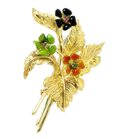 Enamel Ruby Sapphire & Emerald 18k Yellow Gold Floral Bouquet Brooch