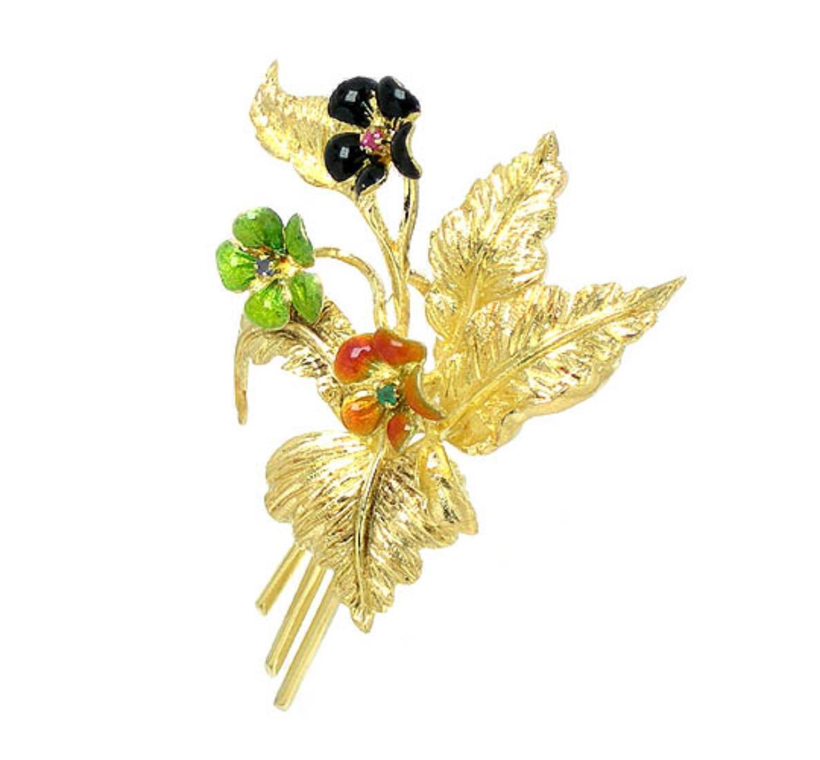 Enamel Ruby Sapphire & Emerald 18k Yellow Gold Floral Bouquet Brooch