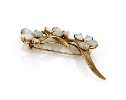 Opal Floral 14k Yellow Gold & Sprig Pin Brooch