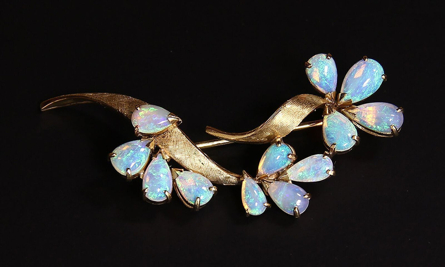 Opal Floral 14k Yellow Gold & Sprig Pin Brooch