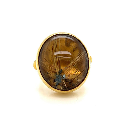 Gurhan Rune Gold Stone Cocktail Ring in 24k Gold with Rutilated Quartz