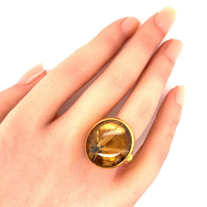 Gurhan Rune Gold Stone Cocktail Ring in 24k Gold with Rutilated Quartz