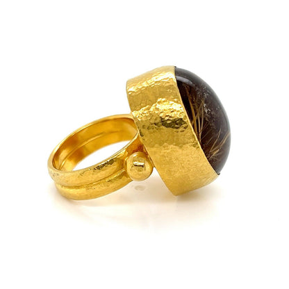 Gurhan Rune Gold Stone Cocktail Ring in 24k Gold with Rutilated Quartz