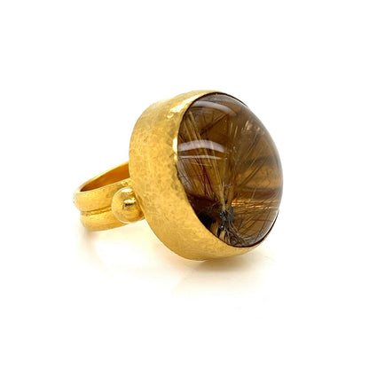 Gurhan Rune Gold Stone Cocktail Ring in 24k Gold with Rutilated Quartz