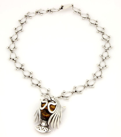 Los Ballestros Tiger's Eye Sterling Silver Lady Masked Face Link Pin Brooch Necklace