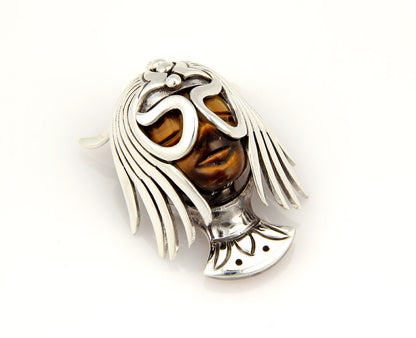 Los Ballestros Tiger's Eye Sterling Silver Lady Masked Face Link Pin Brooch Necklace