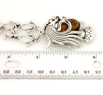 Los Ballestros Tiger's Eye Sterling Silver Lady Masked Face Link Pin Brooch Necklace