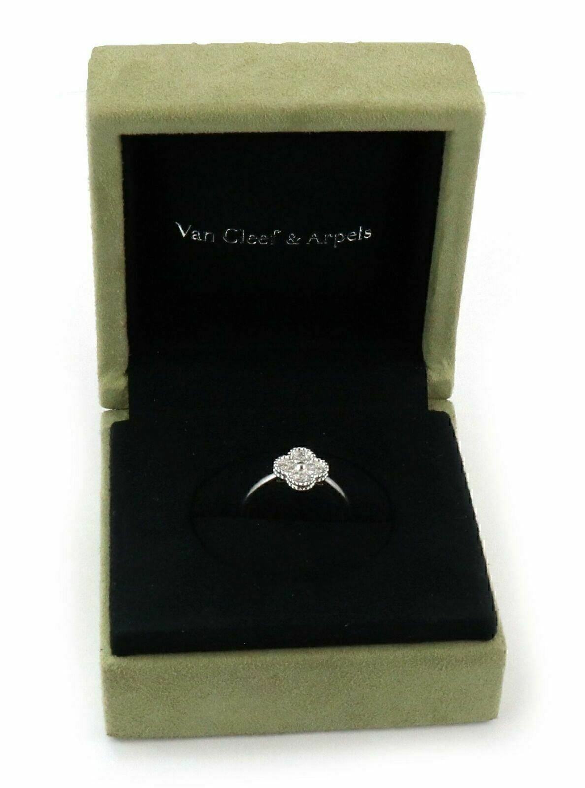 Van Cleef & Arpels Sweet Alhambra Diamond 18k White Gold Ring w/Cert - Size 5