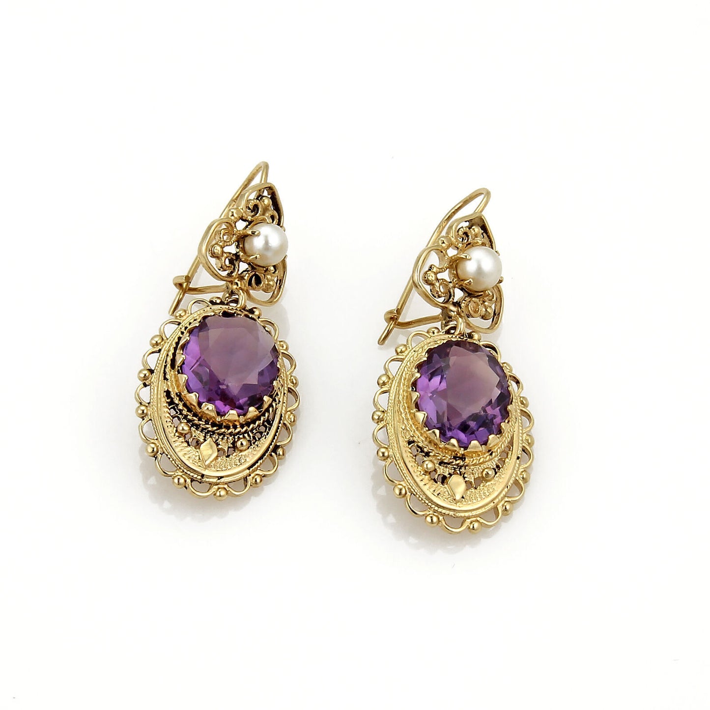 Amethyst & Pearls 14k Yellow Gold Floral Drop Dangle Earrings