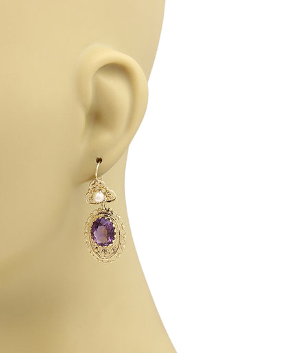 Amethyst & Pearls 14k Yellow Gold Floral Drop Dangle Earrings