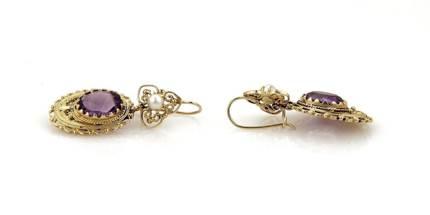 Amethyst & Pearls 14k Yellow Gold Floral Drop Dangle Earrings