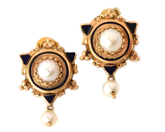 Pearls & Enamel 14k Yellow Gold Fancy Earring