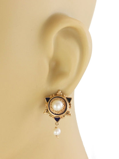 Pearls & Enamel 14k Yellow Gold Fancy Earring