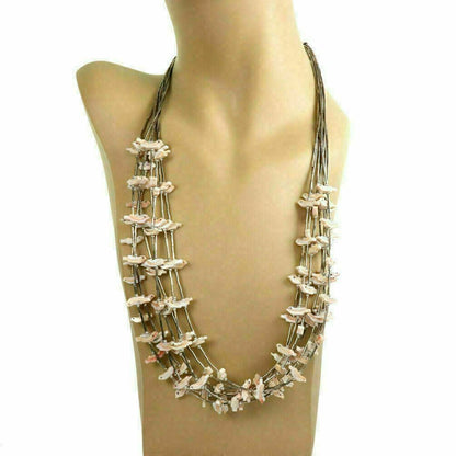 Mother of Pearl Sterling Silver Multi Strand Fetish Birds Necklace