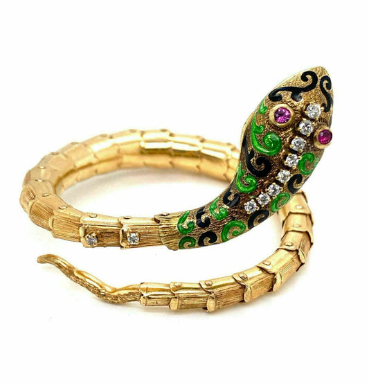 Diamond Ruby & Enamel 14k Yellow Gold Snake Flex Wrap Bangle Bracelet