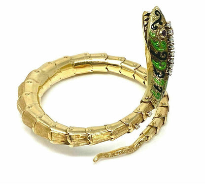 Diamond Ruby & Enamel 14k Yellow Gold Snake Flex Wrap Bangle Bracelet