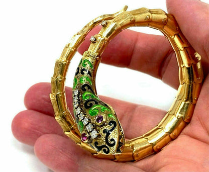 Diamond Ruby & Enamel 14k Yellow Gold Snake Flex Wrap Bangle Bracelet