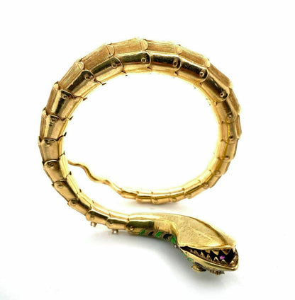 Diamond Ruby & Enamel 14k Yellow Gold Snake Flex Wrap Bangle Bracelet